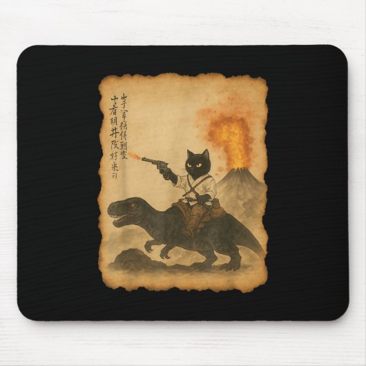 黒猫の侍が恐竜の噴火に乗り マウスパッド (正面)