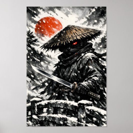 黒猫の侍 浪人 刀 冬の太陽 墨絵 I ポスター (正面)