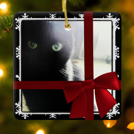 黒猫の初めてのクリスマス ペットフォトフレーム 赤いリボン セラミックオーナメント