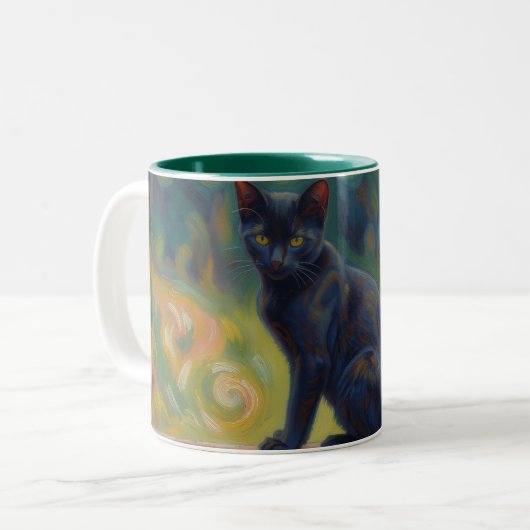 黒猫の印象派アート ネコ好きマグカップ ツートーンマグカップ (正面左)