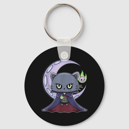 黒猫の吸血鬼ドラキュラと魔法の炎のための キーホルダー (正面)