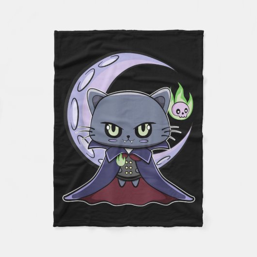 黒猫の吸血鬼ドラキュラと魔法の炎のための フリースブランケット (正面)