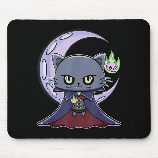 黒猫の吸血鬼ドラキュラと魔法の炎のための マウスパッド (正面)