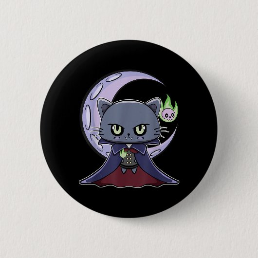 黒猫の吸血鬼ドラキュラと魔法の炎のための 缶バッジ (正面)