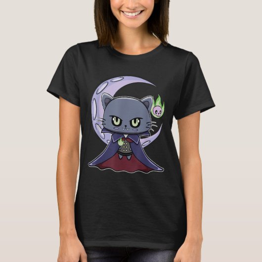 黒猫の吸血鬼ドラキュラと魔法の炎のための Tシャツ (正面)