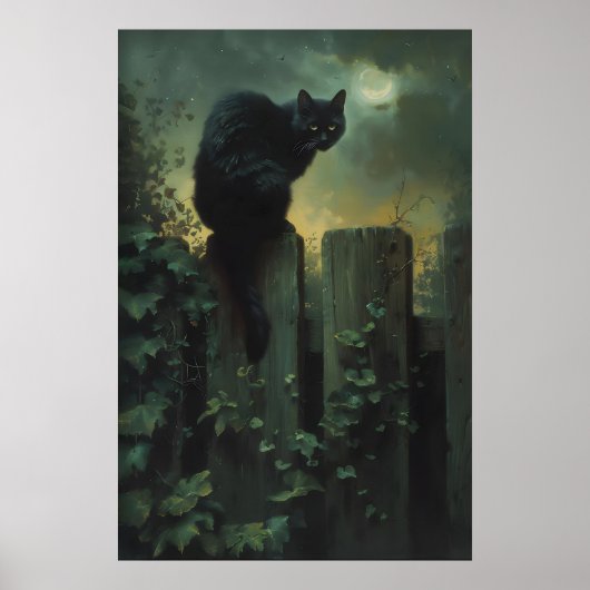 黒猫の壁掛けアート、月明かりの庭のゴシック猫アート ポスター (正面)