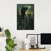 黒猫の壁掛けアート、月明かりの庭のゴシック猫アート ポスター (ホームオフィス)