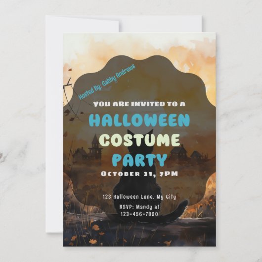 黒猫の夕日の秋ハロウィン 招待状 (正面)