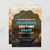 黒猫の夕日の秋ハロウィン 招待状 (正面/裏面)