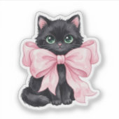 黒猫の大きなピンクのリボンのハロウィン シール (正面)