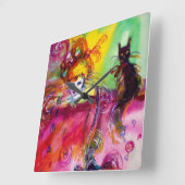 黒猫の女性/ベネチアンマスカレード スクエア壁時計 (傾斜)