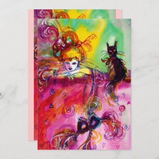 黒猫の女性 / マーディ グラース・マスカレードパーティ 招待状 (正面/裏面)