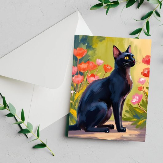 黒猫の子猫の水彩花の絵のカード