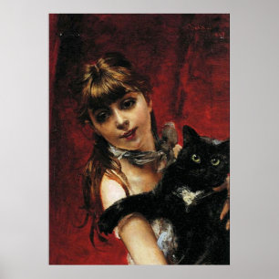 黒猫の少女 – 複製画のポスター ポスター