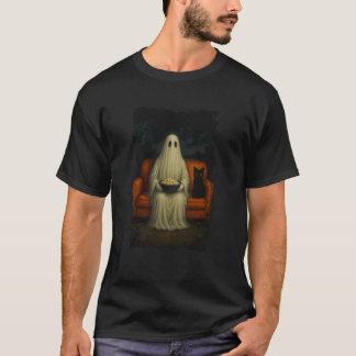 黒猫の幽霊を愛する動物好きのハロウィンポップコーンボーイ Tシャツ