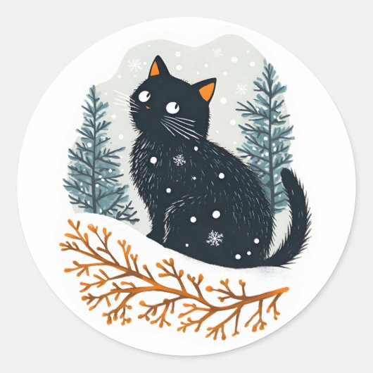 黒猫の心地よい冬の雪 ラウンドシール (正面)