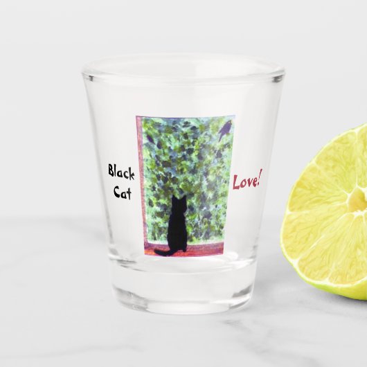黒猫の愛を見守る猫の鳥 ショットグラス (正面)