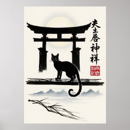 黒猫の日本鳥居ミニマリスト墨絵 ポスター
