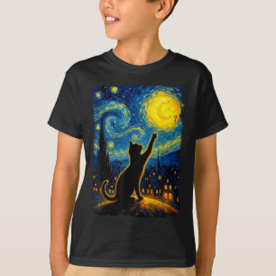 黒猫の星空の夜ファンゴッホ猫、猫ママ、猫 Tシャツ