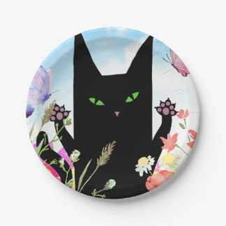 黒猫の春の熱狂: 子猫と花 ペーパープレート