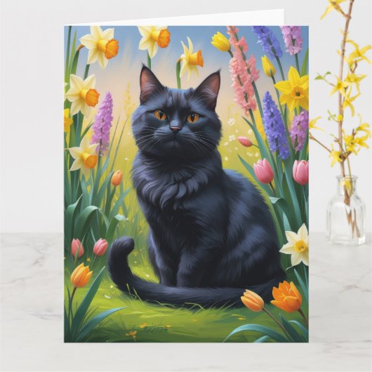 黒猫の春の花の絵 カード (黄色い花)