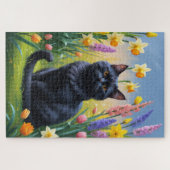 黒猫の春の花の絵 ジグソーパズル (横)