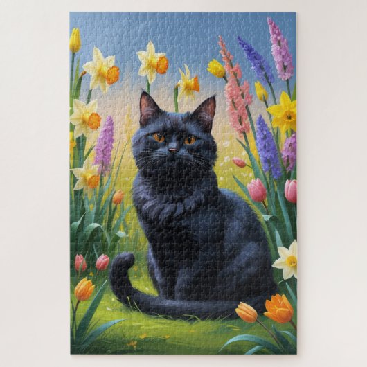 黒猫の春の花の絵 ジグソーパズル (縦)