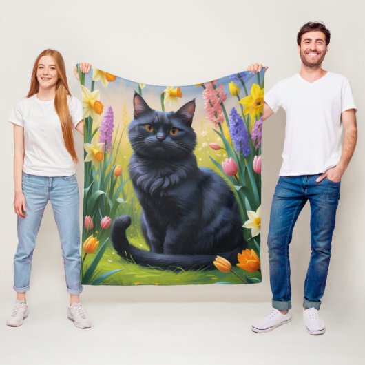 黒猫の春の花の絵 フリースブランケット (インサイチュ)