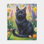 黒猫の春の花の絵 フリースブランケット (正面)
