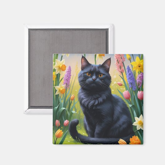 黒猫の春の花の絵 マグネット (正面/裏面)