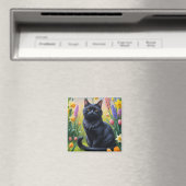 黒猫の春の花の絵 マグネット (インサイチュ (食洗機))