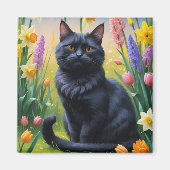 黒猫の春の花の絵 マグネット (正面)
