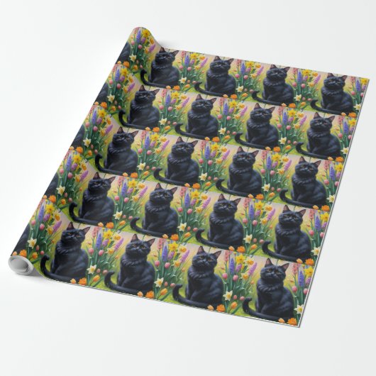 黒猫の春の花の絵 ラッピングペーパー (アンロールド)