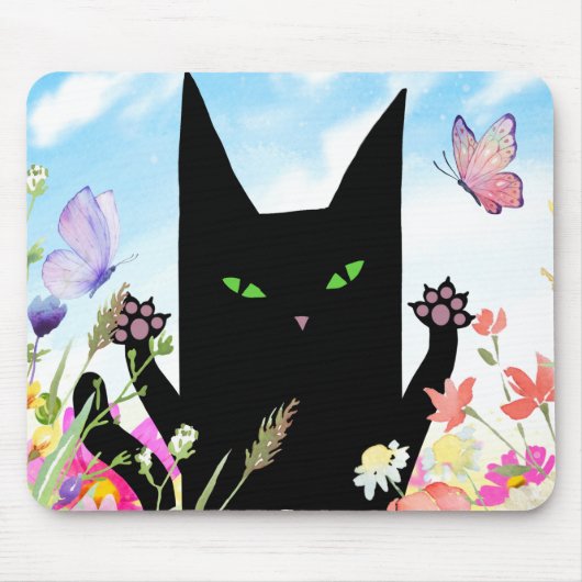 黒猫の春: 子猫と花 マウスパッド (正面)
