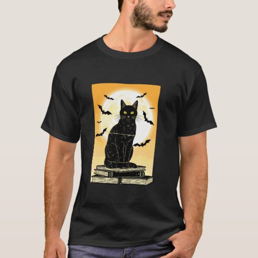 黒猫の月とコウモリ レトロ Tシャツ (正面)