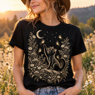 黒猫の月下蛍の庭 Tシャツ