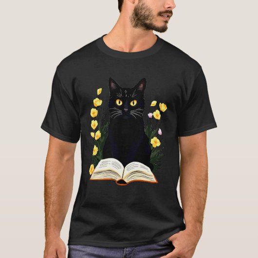 黒猫の本好きの神秘的なリーディングハロウィン ヴィ Tシャツ (正面)