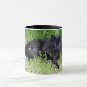 黒猫の柔らかく長い毛のネコ科の豪奢な誇りを持った マグカップ (中央)