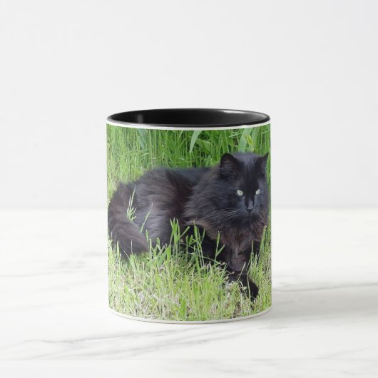 黒猫の柔らかく長い毛のネコ科の豪奢な誇りを持った マグカップ (中央)
