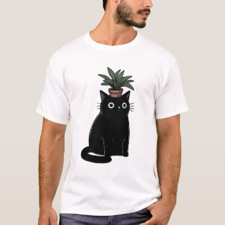 黒猫の植物の頭 Tシャツ