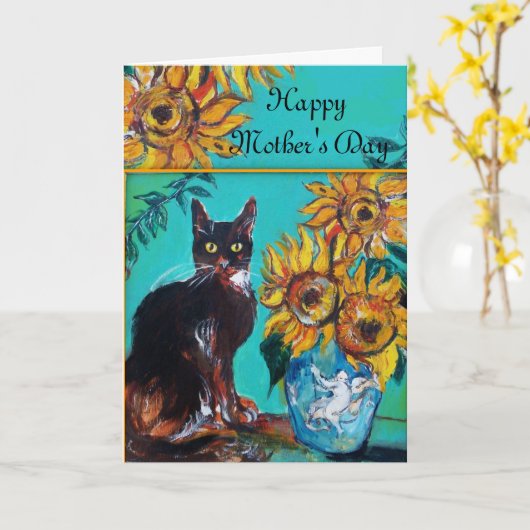 黒猫の母の日のひまわり カード (黄色い花)