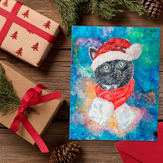 黒猫の水彩クリスマススカーフ クリスマス ジグソーパズル