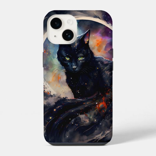 黒猫の水彩日食月アートワーク iPhoneケース (裏面)