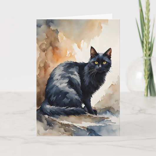 黒猫の水彩画 ポートレート ブランケット 挨拶 カード (正面)