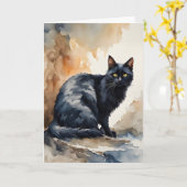 黒猫の水彩画 ポートレート ブランケット 挨拶 カード (黄色い花)