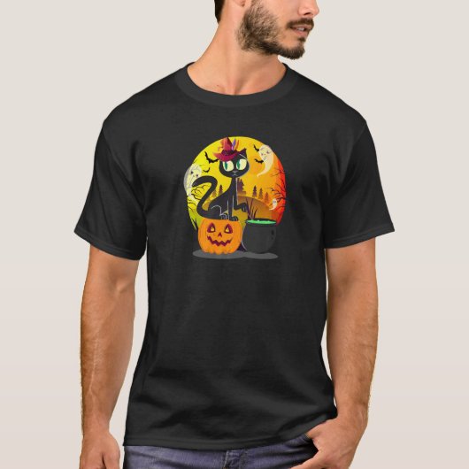 黒猫の満月と魔女の帽子のハロウィンコスチューム Tシャツ (正面)