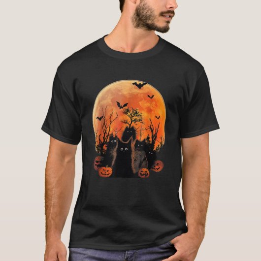 黒猫の満月　ハロウィンの面白い動物グッズ Tシャツ (正面)