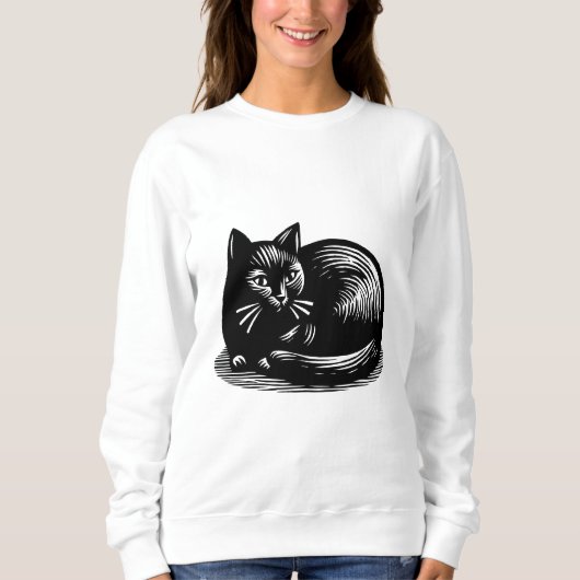黒猫の版画スタイル スウェットシャツ (正面)