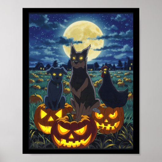 黒猫の犬のニワトリのハロウィンのカボチャのホラー ポスター (正面)