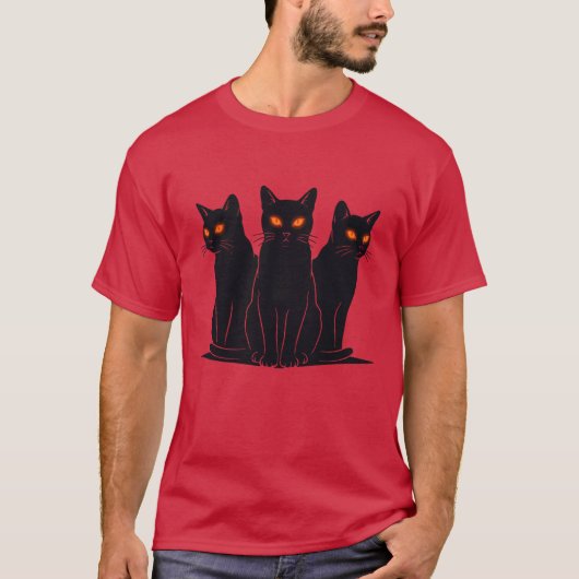 黒猫の目が光る 不気味でかわいい猫のシルエット Tシャツ (正面)